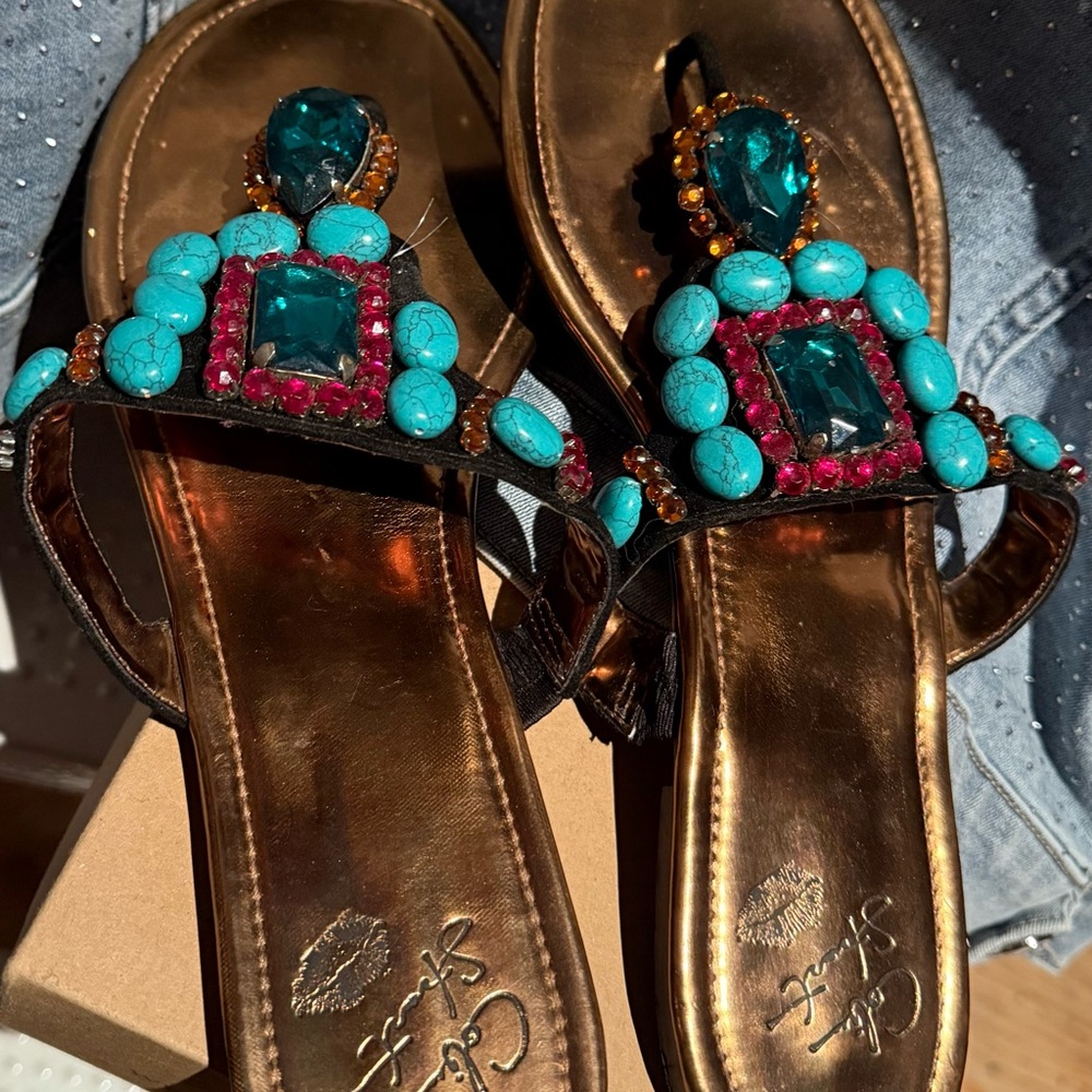 Chic Turquoise and Gold Embellished Sandals